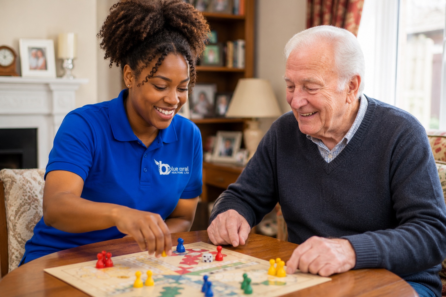 Blue Coral Healthcare carer enjoying an activity with an elderly man during respite care across the UK