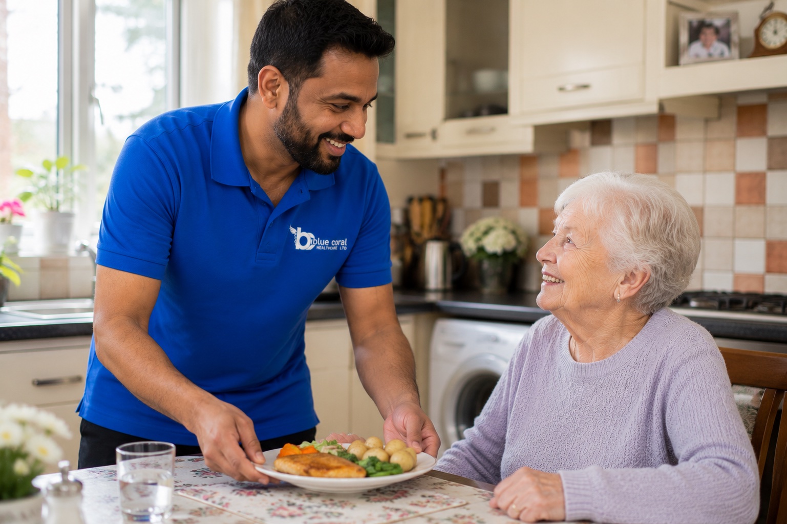 Blue Coral Healthcare carer preparing lunch for an elderly woman during respite care at home