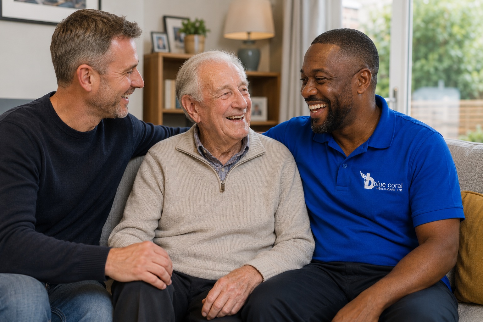 Blue Coral Healthcare carer sharing a happy moment with a satisfied client and family