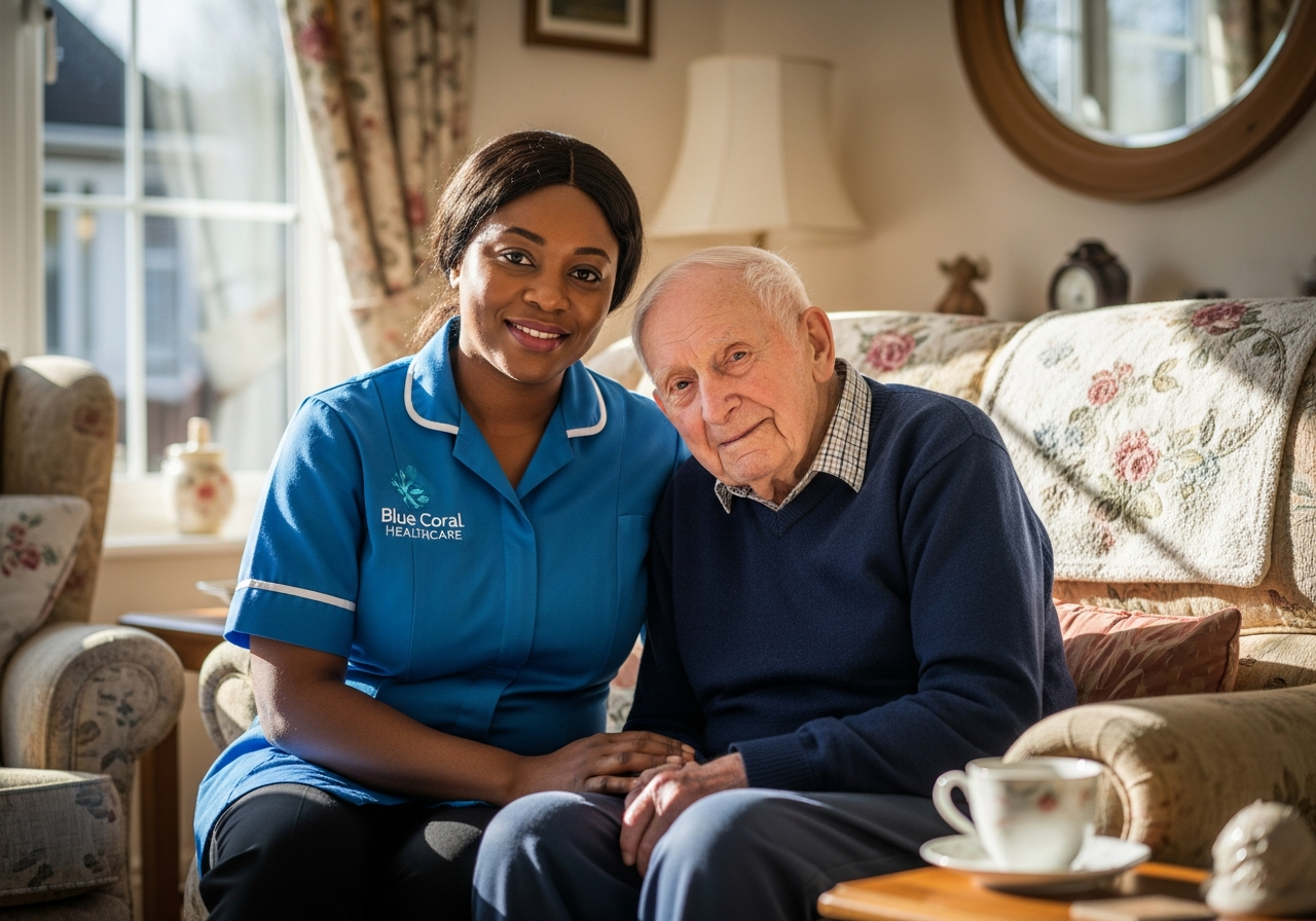 Blue Coral Healthcare carer supporting an elderly client at home in Sheffield