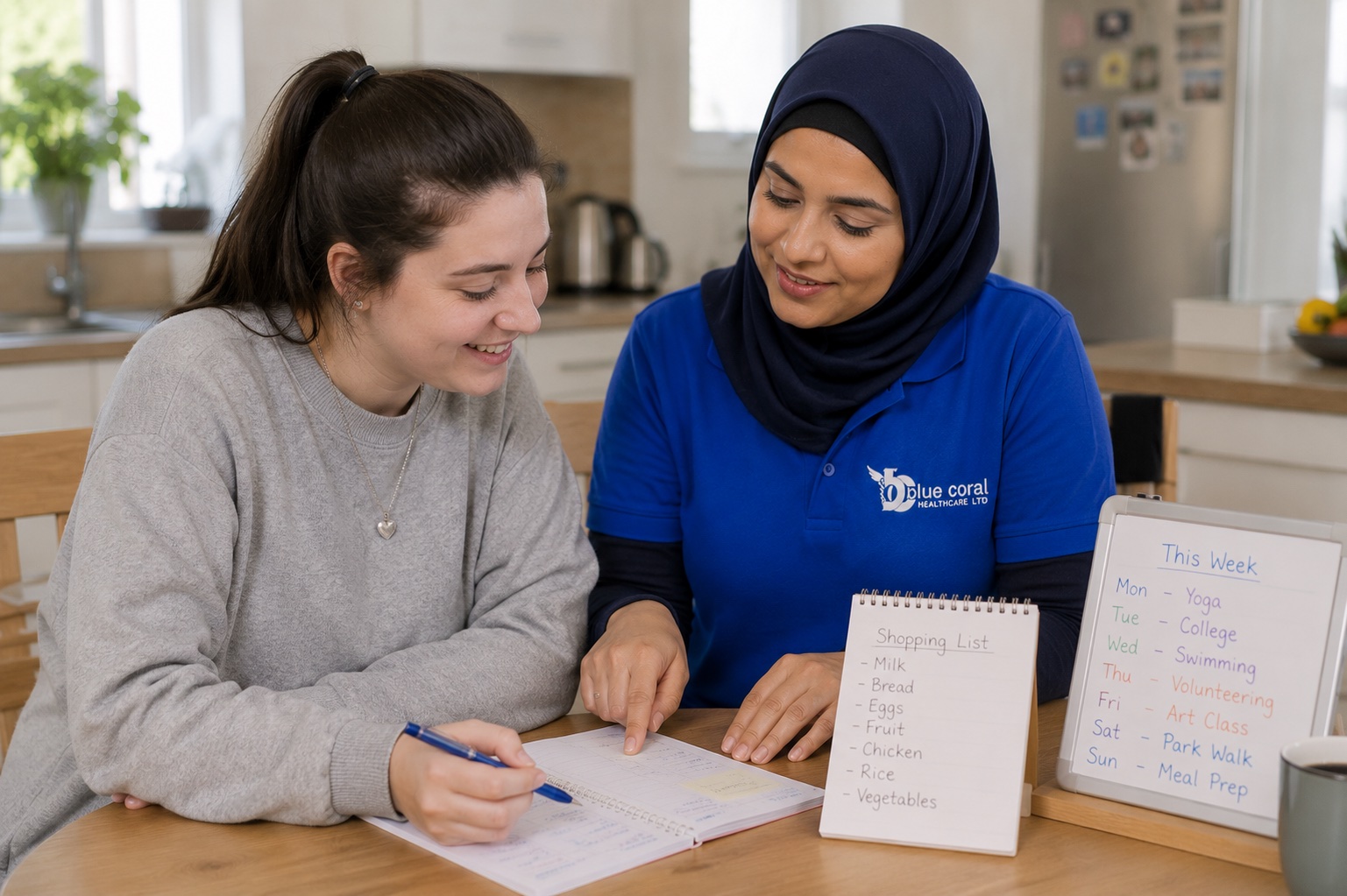 Blue Coral Healthcare carer helping a young adult plan their week in their supported living home