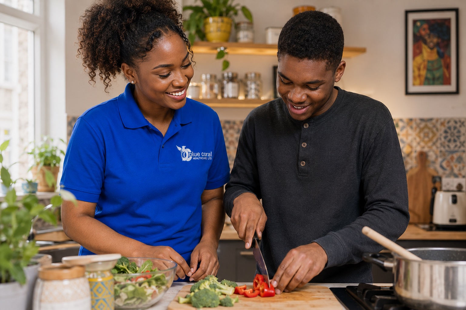 Blue Coral Healthcare supported living carer with a young adult in their the UK home
