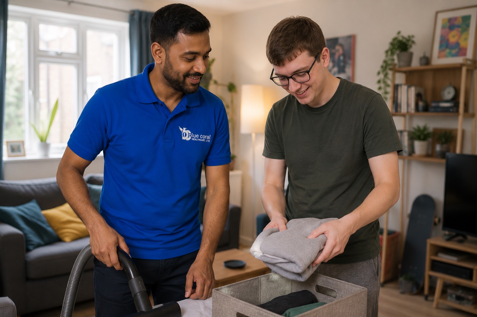 Blue Coral Healthcare carer supporting a young adult with meal preparation in their own the UK home