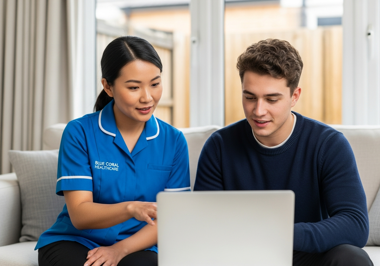 Blue Coral Healthcare support worker helping a young adult explore education and work options