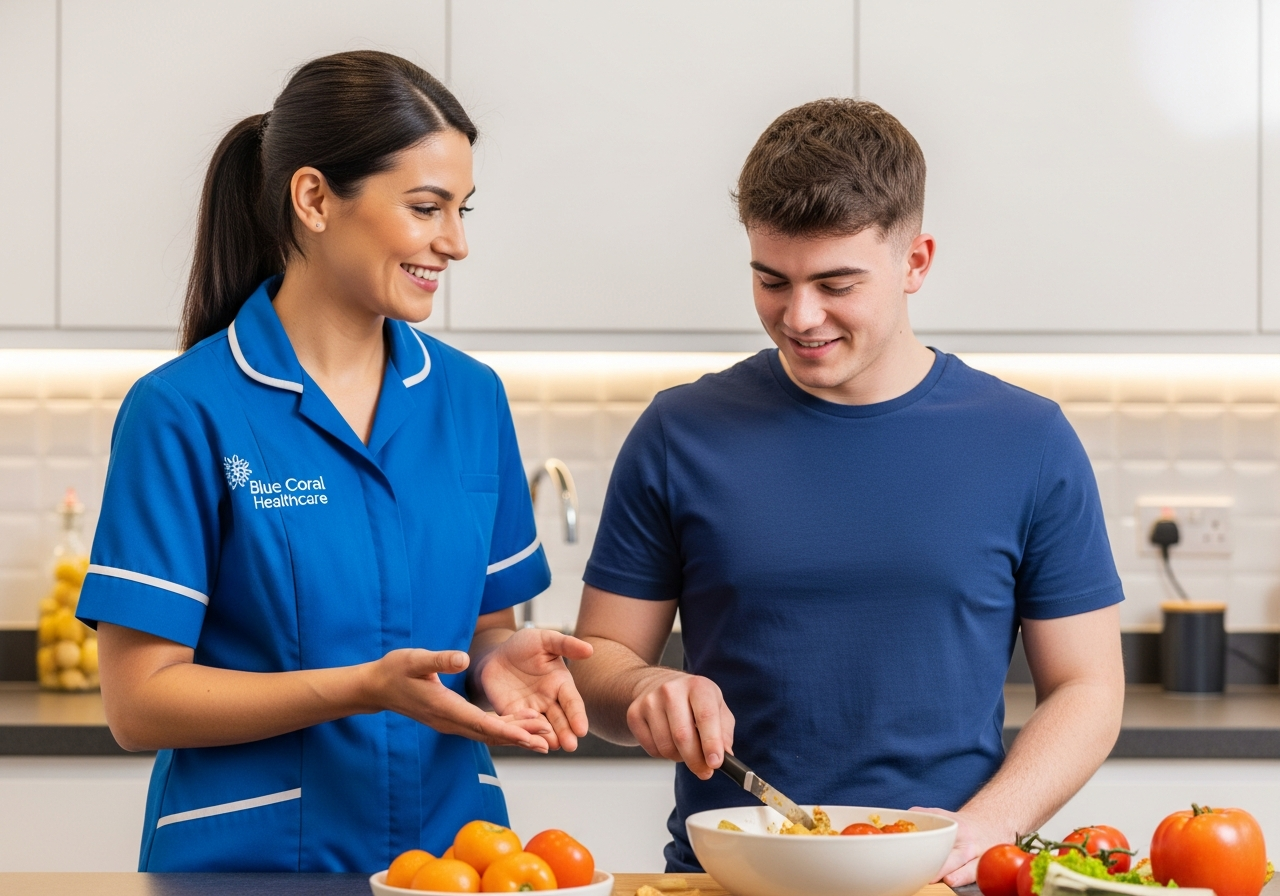 Blue Coral Healthcare support worker helping a young adult build independence skills at home in Sheffield