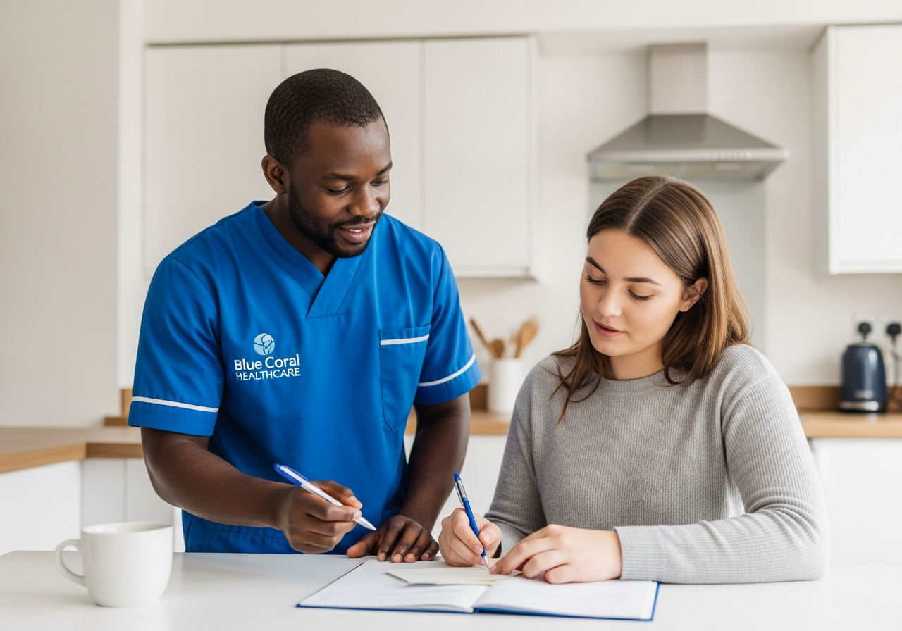 Blue Coral Healthcare support worker helping a young adult develop life skills at home in Sheffield