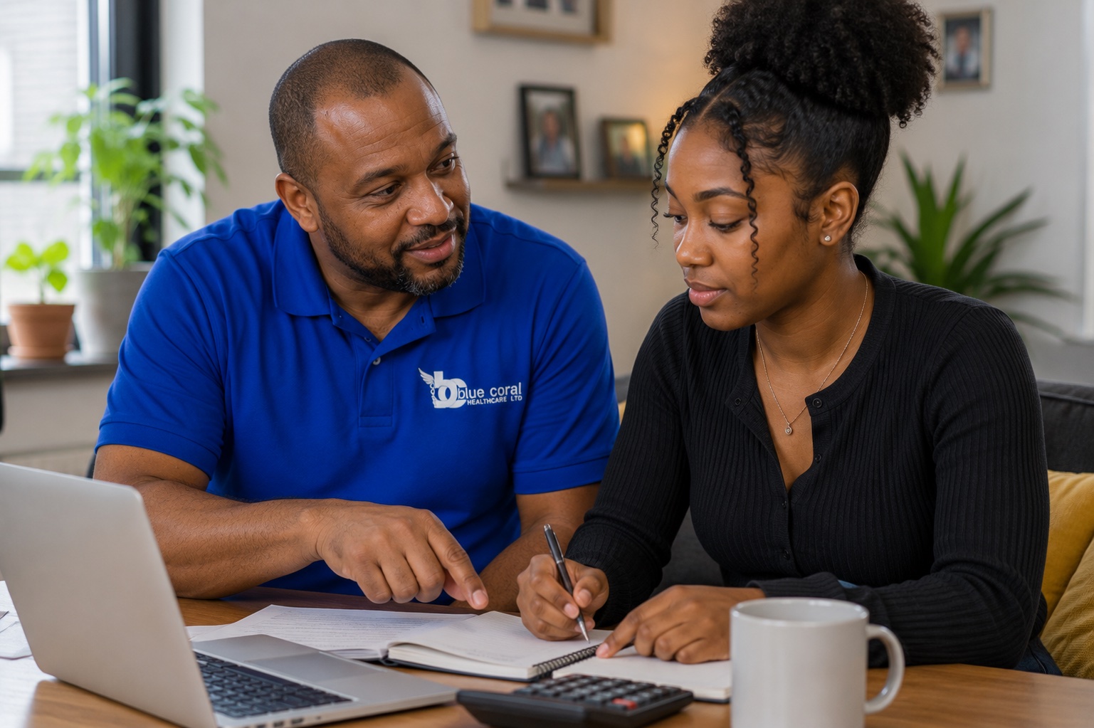 Blue Coral Healthcare support worker helping a young adult develop life skills at home across the UK